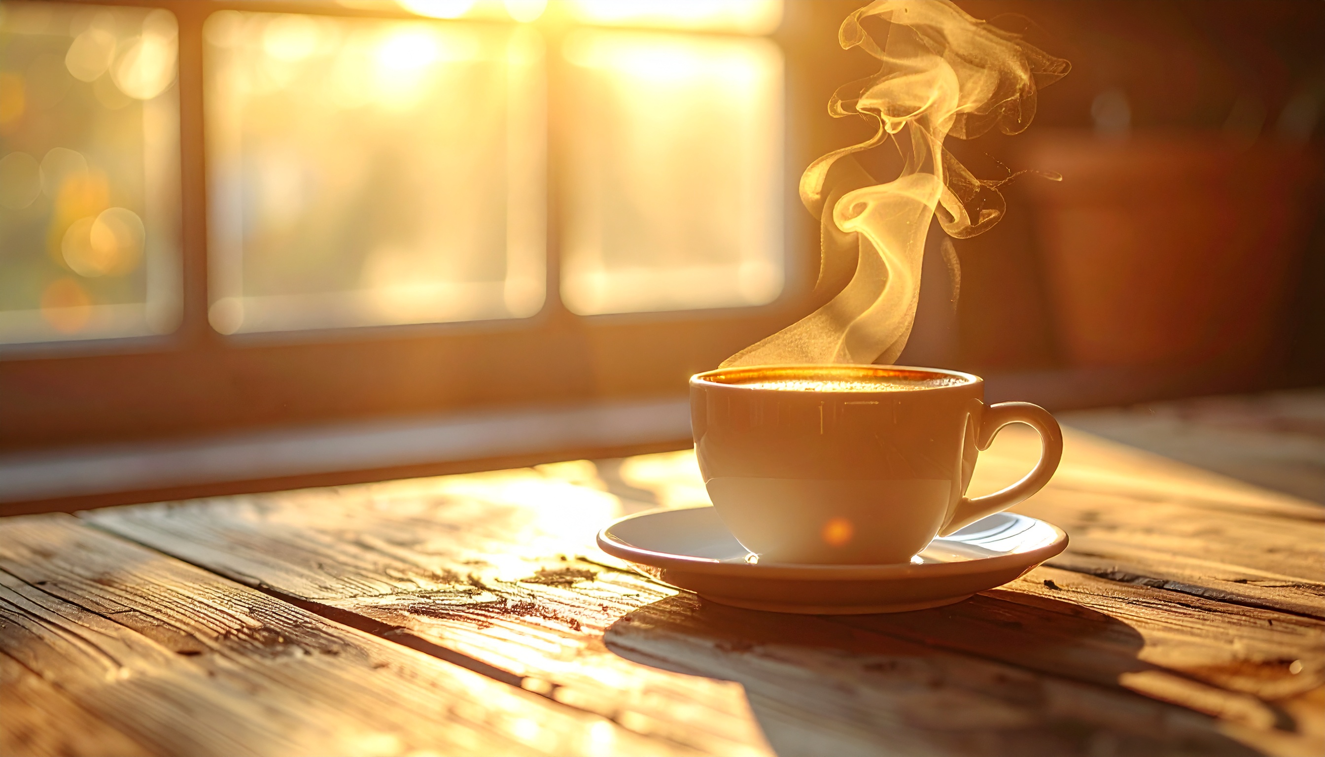 Uma xícara de café fumegante está sobre uma mesa de madeira iluminada pela luz suave do sol da manhã, criando uma atmosfera acolhedora e serena. O vapor do café se eleva em espirais delicadas, capturando a essência de um momento tranquilo. A composição utiliza luz natural que entra pela janela ao fundo, proporcionando um efeito cálido e acolhedor, com foco nítido na xícara em primeiro plano.